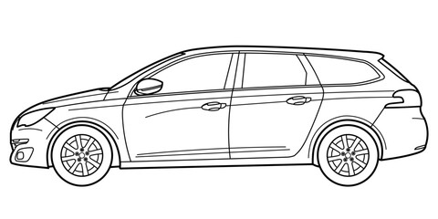 Classic station wagon. Side view shot. Outline doodle vector illustration for design - print, color book