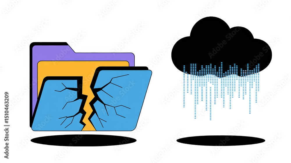 Poster colorful broken folder and dark cloud raining binary code representing data loss, internet issues, o