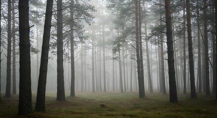 Obraz premium Misty Pine Forest, Eerie Atmosphere