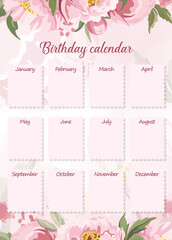 Pink birthday calendar with monthly holidays Peonies floral design