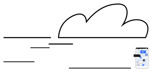 Cloud with flowing data lines connected to digital interface on a mobile device. Ideal for technology, digital transformation, cloud computing, data management, online storage, web services, flat