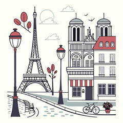 Parisian Street with Eiffel Tower Illustration