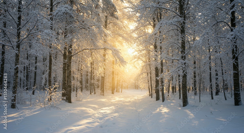 Poster sunlit path through snow-covered winter forest; golden hour glow illuminates trees and path