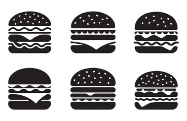 Black burger silhouettes for use in food and eating-themed graphics.