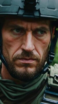 4K Close-Up Video Of Mercenary Solider Of Fortune Looking Out For Danger In The Dense Forest