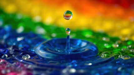 Colorful water splash with a droplet forming above it.