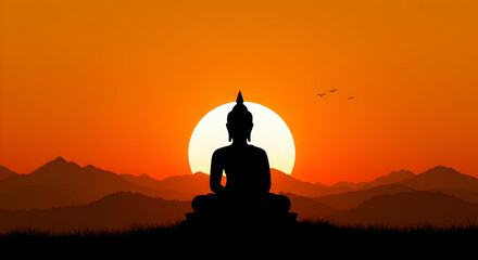 Obraz premium Silhouette of Buddha at sunset peaceful meditation spiritual awakening mindfulness serene landscape zen Buddhism religion faith orange sky mountains tranquility yoga