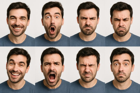 Man with multiple expressions captured in photo.