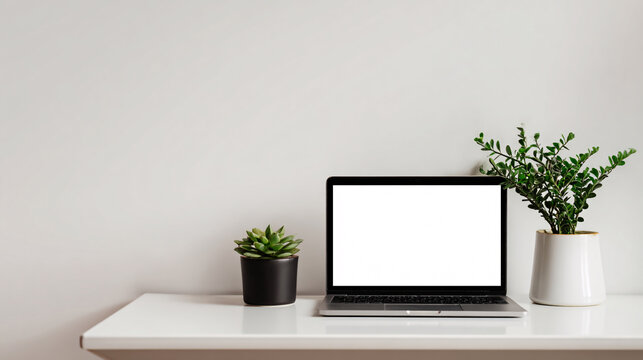 Modern workspace with blank screen laptop, succulent and potted plant on white desk against a white wall Concept of home office, minimalist design, and clean technology