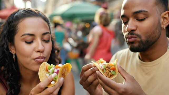 Joyful couple enjoying tacos together at an outdoor food market.