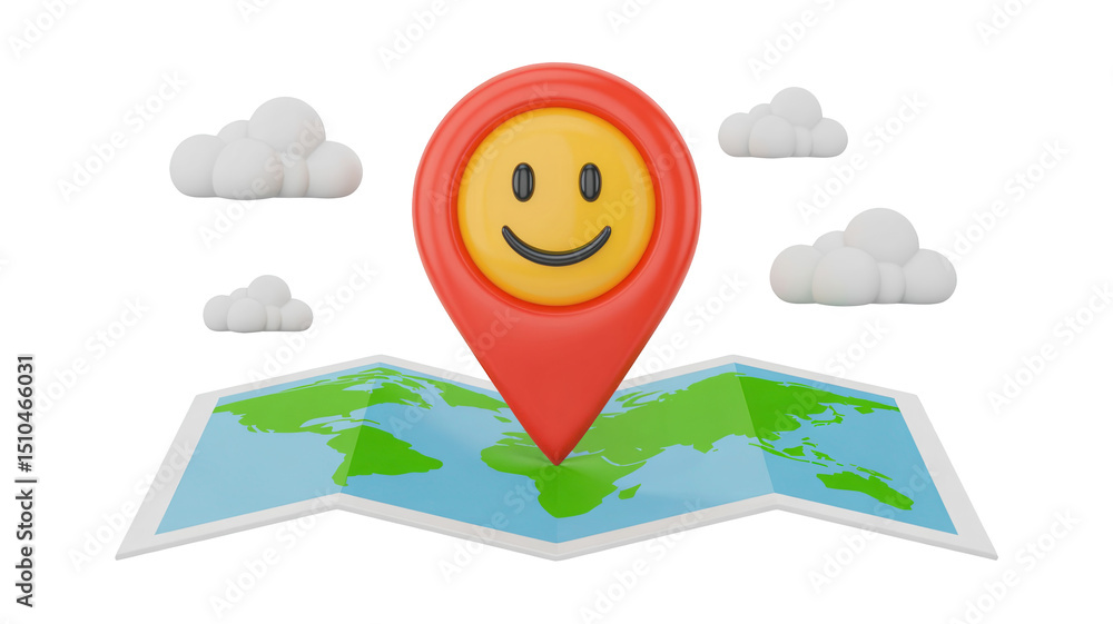Poster red location pin with smiling face pointing world map with stylized clouds, representing positive tr