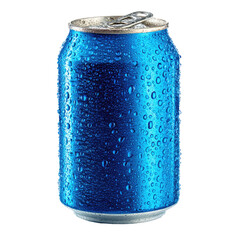 Close-up of a blue frosty metal can isolated on transparent background