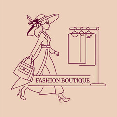 Elegant Woman Shopping at Fashion Boutique with Clothes on Rack Illustration