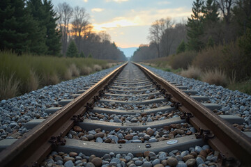 Fototapeta premium A railway track stretches into the distance, bathed in the soft light of sunset. The gravel ballast and steel rails create a textured path leading towards a horizon of trees.