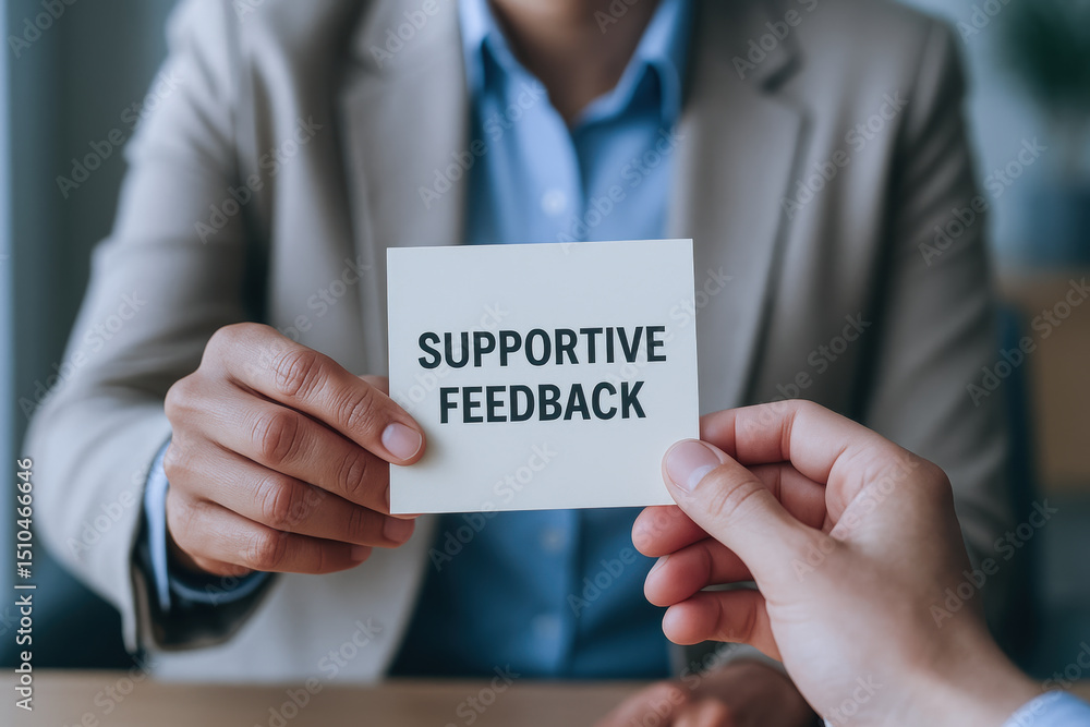Aufkleber supportive feedback concept with two people exchanging card representing emotional intelligence and 