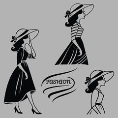 Elegant Fashion Illustration of Women in Dresses and Hats in Black