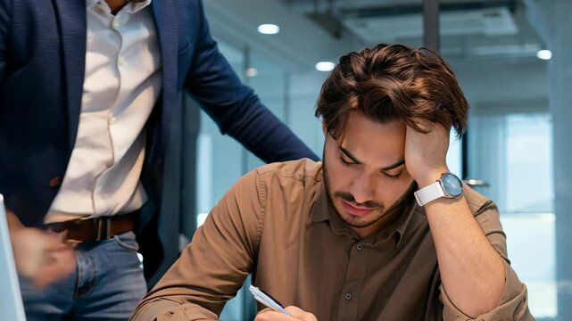 Stressed office worker being scolded by his boss in a tense workplace confrontation.