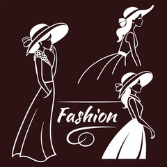 Elegant Fashion Illustrations of Women in Dresses and Hats on Brown