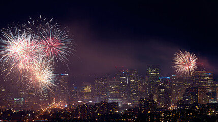 Spectacular Fireworks Display over City Skyline at Night, Celebrating New Years Eve or Independence Day with Colorful Pyrotechnics and Urban Landscape