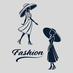 Elegant Fashion Illustration Featuring Women in Dresses and Hats Silhouette