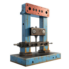 Industrial press aged blue and orange metal isolated on transparent background