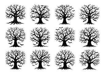 Obraz premium a set of halloween tree ,Dead Trees, Naked trees silhouettes isolated on white background