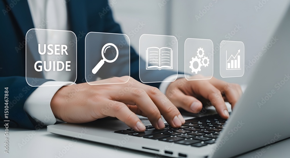 Aufkleber a businessman diligently works on his laptop, utilizing a user guide with helpful search and setting