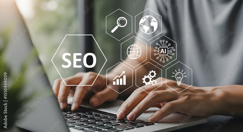 Aufkleber professional optimizing website seo using laptop computer technology ai global marketing strategy di