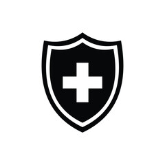 Minimal shield icon with a medical cross in the center, symbolizing health protection, safety, first aid, or secure medical care. Simple black and white design for versatile use.
