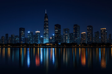 Fototapeta premium City skyline at night with brightly lit skyscrapers reflecting in the calm waters of the river.