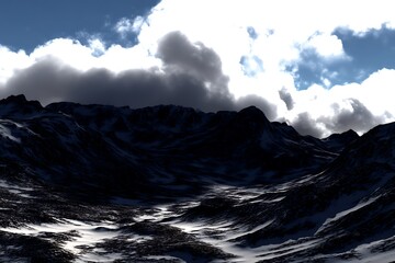Fototapeta premium Dark mountains under a dramatic cloudy sky