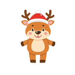 Fototapeta premium Adorable reindeer wearing santa hat christmas cartoon
