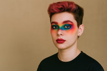 Pride Portrait. Close up of person with rainbow eye makeup and red lipstick, celebrating LGBTQ pride.