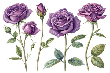 Watercolor painting of purple roses isolated on white background