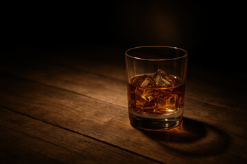 Glass of whiskey on wooden table.