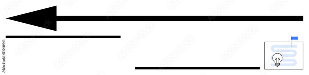 Poster bold black arrow pointing left with lines, next to a box featuring a lightbulb icon and text. ideal 