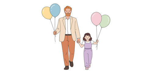 Happy Father and Daughter Walking with Balloons
