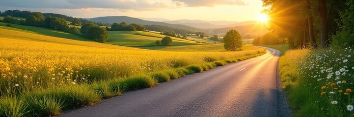 Naklejka premium Serene countryside vista unfolds along a winding road, vibrant wildflowers dotting the roadside, bathed in golden sunlight Perfect for travel, nature, and idyllic themes , asphalt, road trip, travel