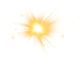 Bright golden light burst radiating beams with sparkles isolated on transparent background png for overlay