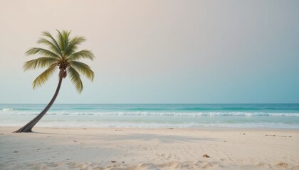 Fototapeta premium Serene Beach Minimalist Background Single Palm Tree, Pastel Sky, Ocean Waves
