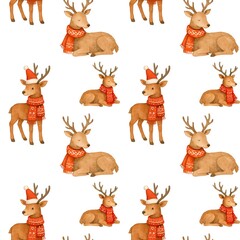 Christmas print with deer seamless pattern. Reindeer icons. Cartoon print isolated on white without a seam. Design ornament for New Year or Xmas. Wallpaper, wrapping, paper 