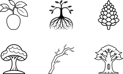 Vintage Tree Line Drawing Vector Set.