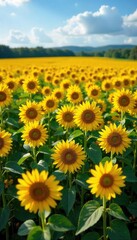 Obraz premium A vibrant field of sunflowers in full bloom, stretching to the horizon under a bright summer sky Golden petals and tall green stalks create a stunning natural landscape , serenity, day, golden