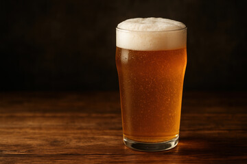 Glass of beer on wooden table.