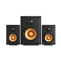 Three black audio speakers with orange cones isolated on transparent background