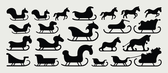 Collection of Black Silhouettes Horses and Sleighs