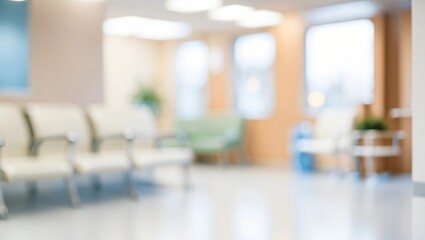 Abstract blur luxury hospital corridor. Blur clinic interior background with defocused effect. Healthcare and medical concept