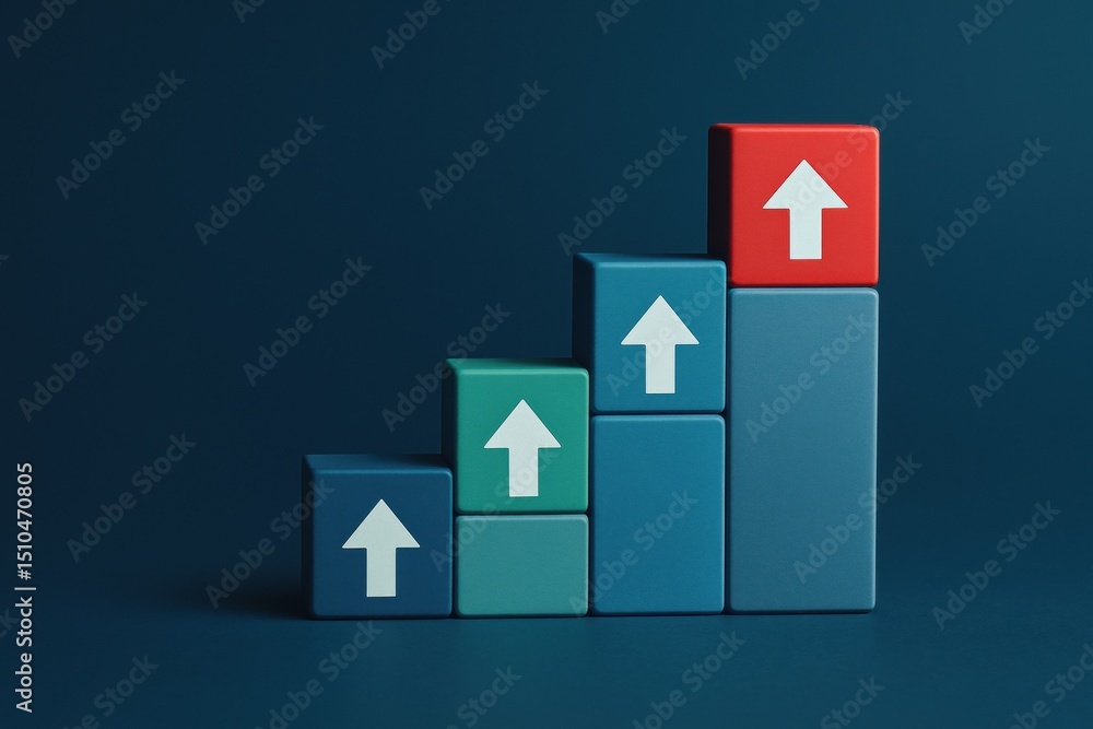 Poster a rising stack color-coded business blocks forms a staircase symbolizing strategic growth decision-m