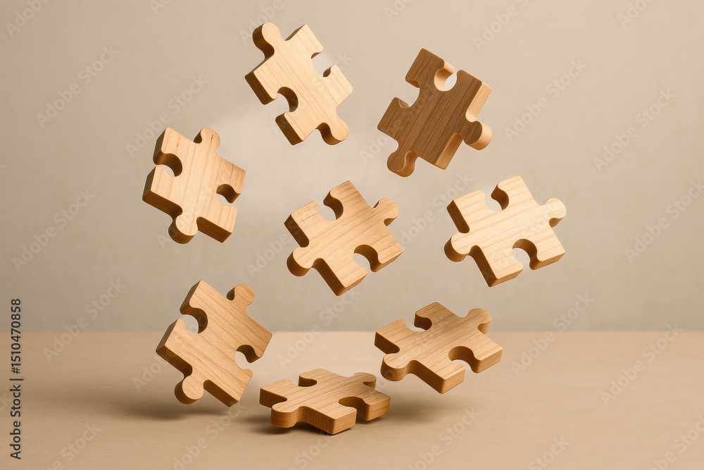 Poster this represents the concept strategy and decision-making as interconnected wooden puzzle pieces floa