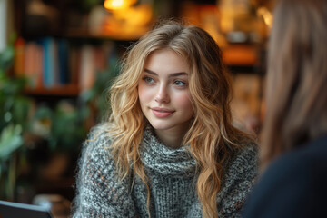 Woman sitting at table with tablet.